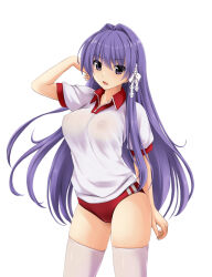Rule 34 | 1girl, arm behind back, bow, breasts, buruma, clannad, commentary request, covered erect nipples, cowboy shot, eyes visible through hair, fujibayashi kyou, gym uniform, hair between eyes, hair bow, hair intakes, hair ribbon, hand up, highres, large breasts, long hair, looking at viewer, no bra, nonaka ritsu, open mouth, paid reward available, purple eyes, purple hair, red buruma, ribbon, shirt, short sleeves, sidelocks, simple background, solo, standing, straight hair, thighhighs, thighs, very long hair, white background, white bow, white ribbon, white shirt, white thighhighs