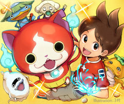 Rule 34 | 10s, 1boy, 33333 33333, amano keita, artist name, bakurobaa, belt, blue skin, boots, brown eyes, brown hair, cargo pants, cat, colored skin, fangs, flame-tipped tail, ghost, grey pants, haramaki, jibanyan, kappa, looking at viewer, multiple tails, nogappa, notched ear, old, old woman, open mouth, pants, purple lips, red shirt, shirt, short hair, star (symbol), t-shirt, tail, two tails, watch, whisper (youkai watch), white hair, wristwatch, yellow background, traditional youkai, youkai watch, youkai watch (object)