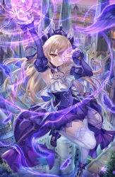 Rule 34 | 1girl, alternate eye color, alternate hairstyle, bare shoulders, blonde hair, breasts, detached collar, detached sleeves, dress, electricity, eyepatch, fischl (ein immernachtstraum) (genshin impact), fischl (genshin impact), genshin impact, hair over one eye, highres, long hair, long sleeves, looking at viewer, medium breasts, official alternate costume, puffy sleeves, purple dress, red eyes, solo, thighhighs, tiara, torino aqua, white thighhighs