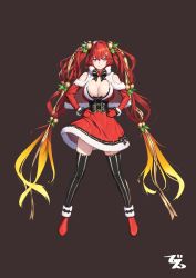Rule 34 | 1girl, absurdres, beeeeen, breasts, christmas, cleavage, highres, large breasts, last origin, may of doom, mole, mole on breast, red hair, smile, solo, thighhighs, twintails