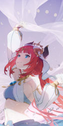 Rule 34 | 1girl, absurdres, arm up, blue eyes, breasts, brooch, circlet, clothing cutout, crop top, detached sleeves, genshin impact, glint, gold trim, grin, harem outfit, highres, holding, horns, jewelry, long hair, long sleeves, looking to the side, medium breasts, nail polish, neck ring, nilou (genshin impact), puffy long sleeves, puffy sleeves, red hair, shrug (clothing), sidelocks, smile, solo, stomach, teeth, twintails, upper body, veil, yagita (astronomie)