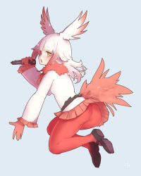Rule 34 | 13o, 1girl, artist name, ass, bird wings, black footwear, gloves, holding, holding microphone, japanese crested ibis (kemono friends), kemono friends, long sleeves, medium hair, microphone, music, red gloves, red legwear, red tail, shirt, shoes, simple background, singing, solo, white hair, white shirt, wings, yellow eyes