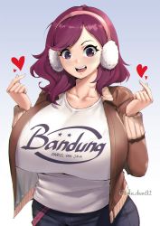 Rule 34 | 1girl, absurdres, beryl (junkpuyo), blush, borrowed character, breasts, brown jacket, collarbone, commentary, curvy, earmuffs, english commentary, finger heart, heart, highres, huge breasts, jacket, looking at viewer, lulu-chan92, medium hair, open clothes, open jacket, open mouth, original, pants, parted bangs, purple eyes, purple hair, shirt, swept bangs, upper body, white shirt