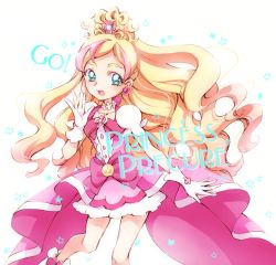 Rule 34 | 1girl, aqua eyes, blonde hair, blue eyes, bow, chiyoko (molto), choker, cure flora, earrings, gloves, go! princess precure, gradient hair, hair ornament, half updo, haruno haruka, jewelry, long hair, magical girl, multicolored hair, open mouth, pink hair, pink skirt, precure, puffy short sleeves, puffy sleeves, ribbon, short sleeves, simple background, skirt, smile, solo, star (symbol), streaked hair, text focus, two-tone hair, waist bow, waving, wavy hair, white background, white gloves