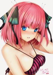 Rule 34 | 1girl, adjusting hair, bare shoulders, bikini, black ribbon, blue eyes, blunt bangs, blush, breasts, butterfly hair ornament, cleavage, collarbone, commentary request, dated, from above, go-toubun no hanayome, hair ornament, hair ribbon, highres, hoshi san 3, large breasts, looking at viewer, nakano nino, parted lips, pink hair, ribbon, short hair, simple background, solo, swimsuit, wet, white background