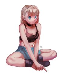 Rule 34 | 1girl, :/, absurdres, bad id, bad pixiv id, bare arms, bare shoulders, black footwear, black tank top, blonde hair, blue eyes, blunt bangs, boots, breasts, choker, crop top, cutoffs, denim, highres, indian style, looking away, midriff, original, own hands together, sanpaku, short shorts, shorts, simple background, sitting, small breasts, solo, tank top, tsukino miyako, v arms