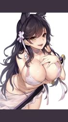 Rule 34 | 1girl, alternate costume, animal ear fluff, animal ears, arm support, arm under breasts, atago (azur lane), atago (summer march) (azur lane), atago (summer march) (azur lane), azur lane, bad id, bad twitter id, bare shoulders, bikini, black hair, blush, border, breasts, brown eyes, choker, cleavage, collarbone, commentary request, covered erect nipples, dikko, extra ears, floral print, flower, hair flower, hair ornament, hair ribbon, head tilt, highres, katana, large breasts, leaning forward, letterboxed, lips, long hair, looking at viewer, mole, mole under eye, navel, parted lips, purple border, ribbon, sarong, see-through, smile, solo, standing, swept bangs, swimsuit, sword, weapon, white background, white bikini, white choker, white flower, white ribbon, white sarong, wristband