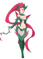Rule 34 | 1girl, breasts, cleavage, highres, karaage (ta-na), league of legends, long hair, looking at viewer, medium breasts, monster girl, navel, one eye closed, pink hair, plant, red eyes, simple background, solo, thigh gap, very long hair, vines, white background, zyra