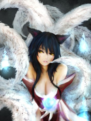 Rule 34 | 1girl, ahri (league of legends), animal ears, bare shoulders, black hair, blonde hair, breasts, cleavage, facial mark, fox ears, fox tail, highres, korean clothes, league of legends, lips, multiple tails, nose, open mouth, saliva, saliva trail, simple background, solo, tail, yellow eyes, zhang xiao bo