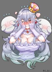 Rule 34 | 1girl, bad id, bad pixiv id, blush, boo (mario), breasts, cleavage, crown, dress, earrings, fang, flying sweatdrops, frilled dress, frilled gloves, frills, ghost, gloves, hair between eyes, hands on own face, jewelry, kabu (niniko2ko), large breasts, long hair, luigi&#039;s mansion, mario (series), mini crown, new super mario bros. u deluxe, nintendo, one eye closed, pointy ears, princess king boo, puffy short sleeves, puffy sleeves, red eyes, short sleeves, silver hair, simple background, solo, super crown, sweatdrop, tearing up, tears, tilted headwear, upper body, wavy mouth, white dress, white gloves