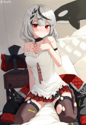 Rule 34 | 1girl, absurdres, animal hood, arm strap, auuufox, bare shoulders, black collar, black hair, black jacket, black thighhighs, blunt bangs, blush, braid, breasts, camisole, caution tape, collar, drawer, garter straps, hand on own chest, heart collar, highres, hololive, hood, jacket, unworn jacket, looking at viewer, medium breasts, medium hair, multicolored hair, on bed, orca, orca hood, plaid, plaid skirt, red eyes, red skirt, sakamata chloe, sakamata chloe (1st costume), seiza, silver hair, single braid, sitting, skirt, solo, strap slip, streaked hair, thighhighs, torn clothes, torn thighhighs, twitter username, two-tone hair, virtual youtuber, white camisole, zettai ryouiki