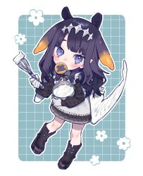 Rule 34 | 1girl, absurdres, apron, black dress, black footwear, blush, boots, bowl, chiyomaru (yumichiyo0606), cookie, dress, fang, food, gloves, highres, holding, holding bowl, holding whisk, hololive, hololive english, long hair, looking at viewer, mole, mole under eye, mouth hold, ninomae ina&#039;nis, ninomae ina&#039;nis (6th costume), ninomae ina&#039;nis (pastry chef), official alternate costume, pointy ears, purple eyes, purple hair, skin fang, tentacle hair, virtual youtuber, whisk, white apron, white gloves, wings