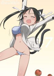 Rule 34 | 1girl, alternate breast size, animal ears, aohashi ame, apple, arms up, black hair, blue panties, blue sports bra, bouncing breasts, breasts, cat ears, cat tail, closed eyes, commentary request, copyright name, facing viewer, fang, food, francesca lucchini, fruit, groin, hair ribbon, highres, jacket, long hair, long sleeves, motion blur, navel, no pants, open clothes, open jacket, open mouth, panties, ribbon, smile, solo, sports bra, standing, strike witches, striped clothes, striped panties, tail, tan, translated, twintails, underwear, white jacket, white ribbon, world witches series