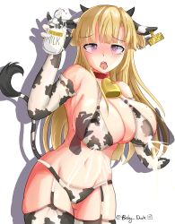 Rule 34 | 1girl, @ @, absurdres, animal ears, animal print, baby duck, bell, bikini, blonde hair, blue eyes, blunt bangs, blush, bottle, breasts, breasts squeezed together, choker, collar, cow ears, cow girl, cow horns, cow print, cow print bikini, cow print sleeves, cow print thighhighs, cowbell, crying, disembodied hand, disembodied hand, ear tag, fletcher (kancolle), garter straps, grabbing, grabbing another&#039;s breast, highres, holding, holding bottle, horns, kantai collection, lactation, lactation through clothes, large breasts, long hair, looking at viewer, milk, milk bottle, navel, neck bell, open mouth, print bikini, print thighhighs, see-through silhouette, solo focus, swimsuit, tail, tears, thighhighs, tongue, tongue out