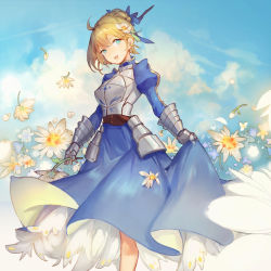 Rule 34 | 1girl, absurdres, ahoge, armor, armored dress, artoria pendragon (all), artoria pendragon (fate), blonde hair, blue dress, blue sky, breastplate, breasts, cloud, corset, day, dress, fate/stay night, fate (series), flower, gauntlets, green eyes, hair flower, hair ornament, hair ribbon, highres, juliet sleeves, long sleeves, looking at viewer, medium breasts, open mouth, puffy sleeves, ribbon, saber (fate), short hair, skirt hold, sky, smile, solo, standing, sword, weapon, xiaohan6th