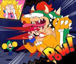 Rule 34 | 1girl, 3boys, angry, battle, blonde hair, bowser, brooch, brown hair, claws, crown, dress, facial hair, gloves, hat, highres, horns, jewelry, looking at another, luigi, mario, mario (series), mayo (funnyhoohooman), multiple boys, mustache, nintendo, open mouth, overalls, pink dress, princess peach, red hair, spikes