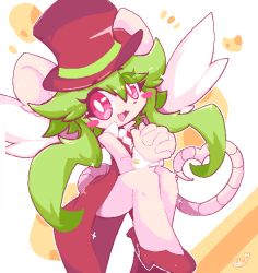 Rule 34 | 1girl, animal ears, blush stickers, green hair, hat, leotard, mad rat dead, mouse (animal), mouse ears, mouse girl, mouse tail, nippon ichi, rat god, red eyes, tail, tie clip, top hat, wings, wrist cuffs, yoku