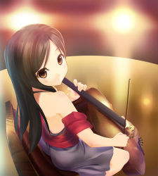Rule 34 | 1girl, bad id, bad pixiv id, bare shoulders, brown eyes, brown hair, cello, highres, instrument, kittolau, long hair, looking back, sitting, skirt, solo