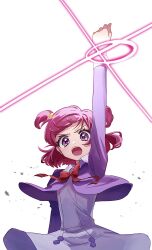 Rule 34 | 1girl, blue dress, bow, commentary, cropped jacket, dress, highres, kamogawa140, l&#039;ecole des cinq lumieres school uniform, long sleeves, open mouth, pink hair, precure, purple eyes, red bow, school uniform, short hair, solo, two side up, yes! precure 5, yumehara nozomi