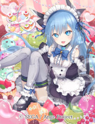 Rule 34 | 1girl, :d, ange vierge, animal ears, black footwear, blue bow, blue eyes, blue hair, bow, candy, cat ears, cat tail, chocolate, chocolate bar, dessert, food, fruit, gloves, grey thighhighs, hands up, ice cream, long hair, looking at viewer, macaron, maid, official art, omega 47 toto, open mouth, plate, shamonor, smile, solo, strawberry, striped, striped background, sweets, tail, thighhighs, watermark