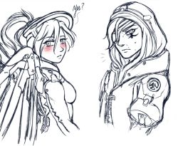 Rule 34 | 2girls, ana (overwatch), blush, braid, breasts, comic, english text, eyepatch, facial tattoo, halo, high ponytail, hood, long hair, looking at viewer, looking to the side, mechanical halo, mechanical wings, mercy (overwatch), monochrome, multiple girls, murasaki-yuri, old, old woman, overwatch, overwatch 1, parted lips, simple background, sketch, small breasts, spot color, tattoo, upper body, white background, wings