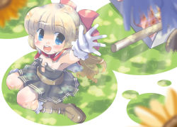 Rule 34 | 1girl, blonde hair, blue eyes, blush, boots, bow, brown dress, brown footwear, cape, commentary request, creator (ragnarok online), dress, flat chest, flower, full body, gloves, grass, hair bow, long hair, looking at viewer, okosama lunch (sendan), open mouth, pullcart, ragnarok online, reaching, reaching towards viewer, red bow, red cape, short dress, smile, solo, strapless, strapless dress, sunflower, white gloves
