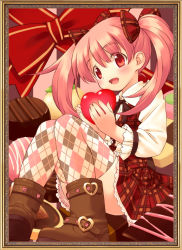 Rule 34 | 1girl, argyle, argyle clothes, argyle legwear, blush, boots, bow, buckle, chocolate, cookie, food, framed, heart, highres, inou shin, open mouth, original, patterned legwear, pink eyes, pink hair, plaid, plaid skirt, plaid vest, print thighhighs, red eyes, ribbon, sitting, skirt, solo, thighhighs, twintails, valentine, vest