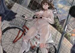 Rule 34 | 2girls, absurdres, aoi sakura (seak5545), bicycle, blue skirt, blurry, blurry foreground, blush, bow, bowtie, breasts, brown eyes, cleft of venus, commentary request, covered erect nipples, cowboy shot, exhibitionism, female pubic hair, highres, house, large breasts, multiple girls, naked raincoat, nude, original, outdoors, pleated skirt, pubic hair, public indecency, pussy, rain, raincoat, red bow, see-through, skirt, smile, socks, solo focus, thighs, transparent raincoat, utility pole, variant set, walking, wall, wet
