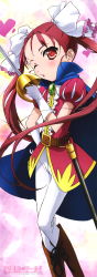 Rule 34 | 10s, 1girl, absurdres, accel world, aikei yukiko, blush, boots, cape, gloves, heart, highres, kouzuki yuniko, long hair, long image, open mouth, pants, red eyes, red hair, solo, stick poster, sword, tall image, twintails, weapon, wink