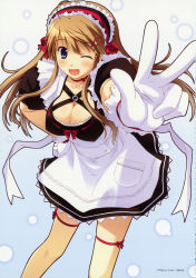 Rule 34 | 1girl, ahoge, blue eyes, blush, breasts, brooch, brown hair, cleavage, dress, gloves, hair ornament, hairclip, hand on own hip, highres, hip focus, jewelry, large breasts, leaning forward, long hair, maid, maid headdress, one eye closed, open mouth, ribbon, scan, smile, solo, tamahiyo, thigh strap, v, wink