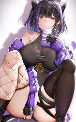 Rule 34 | 1girl, absurdres, animal ears, arm between legs, asymmetrical legwear, black dress, black hair, black shorts, breasts, cellphone, chomikuplus, cleavage, closed mouth, commentary request, dress, fishnet thighhighs, fishnets, hair ornament, hairclip, heart, highres, holding, holding phone, jacket, large breasts, mask, miki (virtuareal), mismatched legwear, multicolored hair, nijisanji, phone, purple eyes, purple hair, purple jacket, selfie, shadow, shorts, sitting, smartphone, solo, spread legs, streaked hair, taut clothes, taut dress, thighhighs, virtual youtuber, virtuareal, x hair ornament