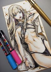 Rule 34 | 1girl, bikini, black bikini, blonde hair, blue eyes, bracelet, breasts, capelet, commentary, earrings, english commentary, gigi andalusia, gundam, gundam hathaway&#039;s flash, hand in own hair, highres, jewelry, looking at viewer, marker (medium), navel, open hand, solo, sparkle, swimsuit, thick lips, traditional media, tweedledraws, underboob, white capelet