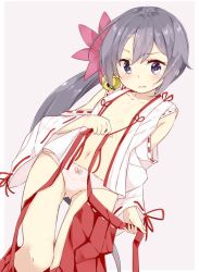 Rule 34 | 10s, 1girl, akebono (kancolle), bell, blush, bow, bow panties, clothes pull, crotch seam, flower, hair bell, hair flower, hair ornament, hakama, hakama skirt, hamaken. (novelize), japanese clothes, jingle bell, kantai collection, lace, lace-trimmed panties, lace trim, long hair, navel, no bra, open clothes, open shirt, panties, pink panties, ponytail, purple hair, red hakama, red skirt, ribbon-trimmed sleeves, ribbon trim, shirt, side ponytail, skirt, skirt pull, solo, underwear, wavy mouth