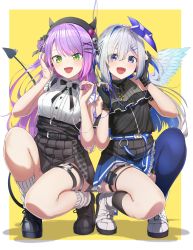 Rule 34 | 2girls, :d, absurdres, amane kanata, amane kanata (work), angel wings, bad id, bad twitter id, black bow, black bowtie, black footwear, black gloves, black headwear, black shirt, black skirt, black socks, blouse, blue eyes, blue hair, blue skirt, blue thighhighs, blush, border, bow, bowtie, breasts, colored inner hair, commentary, earphones, english commentary, fake horns, flat chest, frilled skirt, frills, full body, gloves, green eyes, hair ornament, hairclip, halo, highres, hololive, horned headwear, horns, kneehighs, leg tattoo, legs, looking at viewer, medium breasts, multicolored hair, multiple girls, o-ring, o-ring thigh strap, open mouth, partially fingerless gloves, pink hair, pleated skirt, purple hair, shinomu (cinomoon), shirt, shoes, simple background, single kneehigh, single sock, single thighhigh, skirt, smile, socks, squatting, star halo, streaked hair, tattoo, thigh strap, thighhighs, thighs, tokoyami towa, two-tone hair, virtual youtuber, white border, white footwear, white legwear, wings, x hair ornament