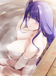 Rule 34 | 1girl, blush, breasts, commentary, genshin impact, highres, keenh, large breasts, long hair, looking at viewer, nude, onsen, partially submerged, petals, purple eyes, purple hair, raiden shogun, sitting, smile, solo, water