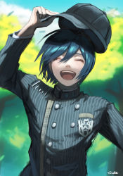 Rule 34 | 1boy, :d, arm up, black hair, black hat, blue hair, blurry, blurry background, breast pocket, buttons, closed eyes, danganronpa (series), danganronpa v3: killing harmony, double-breasted, gakuran, hand up, hat, highres, holding, jacket, long sleeves, male focus, nyuukazai, open mouth, outdoors, pocket, saihara shuichi, school uniform, short hair, signature, smile, solo, striped, striped clothes, striped jacket, teeth, tree, upper body, upper teeth only