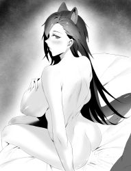 Rule 34 | 1girl, absurdres, aftersex, animal ear fluff, animal ears, arknights, ass, back, bed sheet, breasts, closed mouth, cum, cum pool, from behind, greyscale, hand on own chest, hetero, highres, hpysis, large breasts, long hair, looking at viewer, looking back, monochrome, nipples, no tail, on bed, penance (arknights), sitting, solo, very long hair, wolf ears