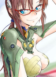 Rule 34 | 00s, 1girl, adapted costume, arm up, armor, blanket, blue eyes, breasts, brown hair, cleavage, crop top, day, evangelion: 2.0 you can (not) advance, from side, glasses, grass, hairband, highres, kakubayashi tsuyoshi, large breasts, light smile, long hair, looking to the side, low twintails, makinami mari illustrious, neon genesis evangelion, outdoors, pauldrons, pilot suit, plugsuit, rebuild of evangelion, red-framed eyewear, revealing clothes, shoulder armor, sky, smile, solo, test plugsuit, twintails, upper body