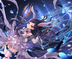 Rule 34 | 1girl, animal ears, arm up, armpits, black feathers, black gloves, black hair, crystal, detached sleeves, dress, elin, feathers, gloves, glowing, highres, ji-hyun ro, long hair, magic circle, official art, purple eyes, rabbit ears, rabbit tail, see-through, see-through sleeves, short dress, solo, staff, tail, tera online, weapon, white dress, wind, wind lift