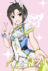 Rule 34 | 1girl, :d, antenna hair, asymmetrical sleeves, black eyes, black hair, bracelet, cowboy shot, feather hair ornament, feathers, hair between eyes, hair ornament, highres, idolmaster, idolmaster (classic), jewelry, kikuchi makoto, looking at viewer, mogskg, open mouth, pink background, short hair, short shorts, shorts, smile, solo, standing, uneven sleeves, v, white feathers, white shorts, wrist cuffs