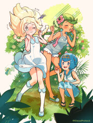 Rule 34 | 3girls, blonde hair, blue hair, creatures (company), game freak, green hair, highres, kinocopro, lana (pokemon), lillie (pokemon), mallow (pokemon), multiple girls, nintendo, pokemon, pokemon (anime), pokemon sm059, pokemon sm (anime)