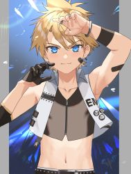 Rule 34 | 1boy, absurdres, asuka shirou, bare shoulders, blonde hair, blue eyes, bracelet, closed mouth, commentary request, facial mark, hair between eyes, highres, jewelry, kagamine len, looking at viewer, male focus, midriff peek, multiple rings, navel, oppai ojiichan, ring, see-through, see-through shirt, short hair, smile, solo, upper body, vocaloid