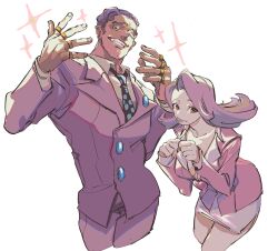Rule 34 | 1boy, 1girl, ace attorney, april may, black necktie, breasts, brown eyes, buttons, cleavage, collared shirt, cropped legs, evil grin, evil smile, flipped hair, formal, grin, heart button, highres, jacket, jewelry, large breasts, long hair, long sleeves, multiple rings, necktie, open mouth, pencil skirt, phoenix wright: ace attorney, pink hair, pink jacket, purple hair, purple jacket, redd white, ring, shirt, short hair, side slit, simple background, skirt, smile, sparkle, suit, teeth, udohepu, white background, white shirt
