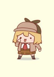 Rule 34 | 1girl, absurdres, akanbe, black footwear, blonde hair, brown coat, brown skirt, chibi, coat, collared shirt, deerstalker, dress shirt, eyelid pull, full body, grey thighhighs, hat, highres, hololive, hololive english, long sleeves, looking at viewer, medium hair, necktie, phdpigeon, plaid, plaid skirt, red necktie, shadow, shirt, simple background, skirt, smol ame, solid circle eyes, solo, standing, taunting, thighhighs, tongue, tongue out, virtual youtuber, watson amelia, watson amelia (1st costume), white shirt, yellow background