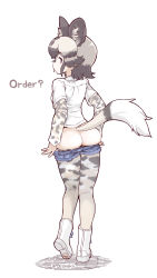 Rule 34 | 10s, 1girl, african wild dog (kemono friends), african wild dog print, animal ears, ass, butt crack, clothes pull, commentary, denim, denim shorts, dog ears, dog tail, english text, extra ears, from behind, full body, highres, kemono friends, layered sleeves, long sleeves, looking at viewer, looking back, multicolored hair, pantyhose, pantyhose pull, paw shoes, print pantyhose, print shirt, pulled by self, shirt, short over long sleeves, short sleeves, shorts, shorts pull, solo, tail, tanaka kusao, tongue, tongue out, twitter username, white background, white footwear