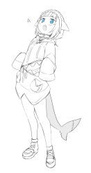 Rule 34 | 1girl, :o, a (phrase), blue eyes, blunt bangs, commentary, fins, fish tail, full body, gawr gura, greyscale, hololive, hololive english, hood, hood up, hoodie, long sleeves, monochrome, open mouth, saiste, shark tail, sharp teeth, shoes, sleeves past fingers, sleeves past wrists, sneakers, solo, spot color, tail, teeth, virtual youtuber