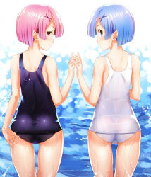 Rule 34 | 10s, 2girls, adjusting clothes, adjusting swimsuit, ass, back, blue eyes, blue hair, blue one-piece swimsuit, blush, bob cut, cowboy shot, from behind, hair ornament, hairclip, heart, highres, holding hands, interlocked fingers, legs apart, lens flare, looking at viewer, looking back, motion blur, multiple girls, old school swimsuit, one-piece swimsuit, pink eyes, pink hair, pointy ears, profile, ram (re:zero), re:zero kara hajimeru isekai seikatsu, rem (re:zero), ring (1079882045), school swimsuit, see-through, shiny clothes, short hair, siblings, sisters, skin tight, swimsuit, symmetrical pose, twins, water, wet, wet clothes, wet swimsuit, white one-piece swimsuit, white school swimsuit, x hair ornament