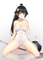 Rule 34 | 1girl, absurdres, azur lane, bad id, bad pixiv id, ball, bird, bokken, bow, breasts, casual one-piece swimsuit, chick, cleavage, criss-cross halter, flower, gradient background, hair bow, hair flaps, hair flower, hair ornament, halterneck, highres, kneeling, large breasts, looking at viewer, one-piece swimsuit, ponytail, reflection, ribbon, solo, swimsuit, sword, taitai, takao (azur lane), takao (beach rhapsody) (azur lane), weapon, white background, white bow, white one-piece swimsuit, white ribbon, wooden sword