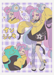 Rule 34 | 1girl, @ @, bellibolt, blush, boots, border, character hair ornament, commentary request, creatures (company), game freak, grey footwear, grin, hair ornament, highres, ikuta za, iono (pokemon), jacket, long hair, multicolored hair, multiple views, nintendo, pokemon, pokemon (creature), pokemon sv, sharp teeth, single leg pantyhose, sleeves past fingers, sleeves past wrists, smile, sparkle, speech bubble, star (symbol), star print, teeth, thigh strap, twintails, two-tone hair, white border, yellow jacket