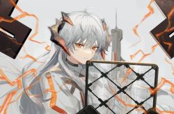Rule 34 | 1girl, arknights, commentary, grey background, gun, hair between eyes, hand up, holding, holding gun, holding weapon, horns, long hair, long sleeves, looking at viewer, orange eyes, parted lips, saria (arknights), shield, shirt, silver hair, solo, spacelongcat, syringe gun, upper body, weapon, white shirt